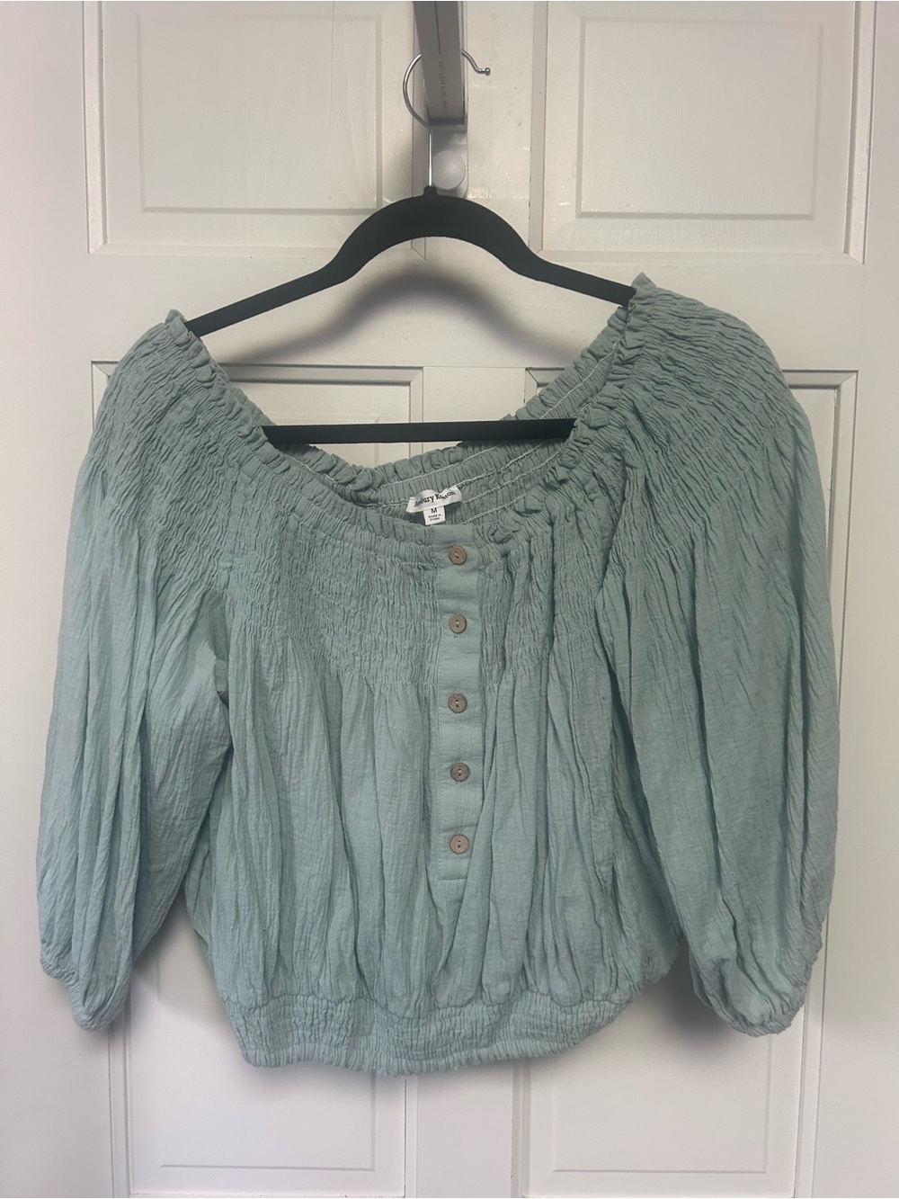 Newbury Kustom Smocked Off-Shoulder Blouse in Sage Green